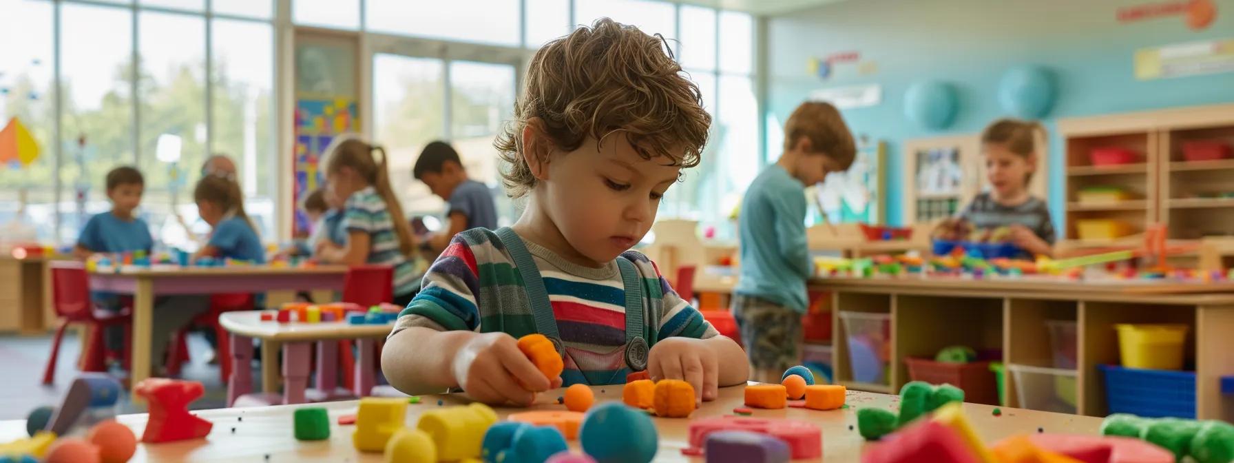 a vibrant indoor classroom filled with children engaged in playful literacy activities, working collaboratively with colorful dough to shape letters and numbers, emphasizing their joyful exploration of fine motor skills in an inviting educational environment.