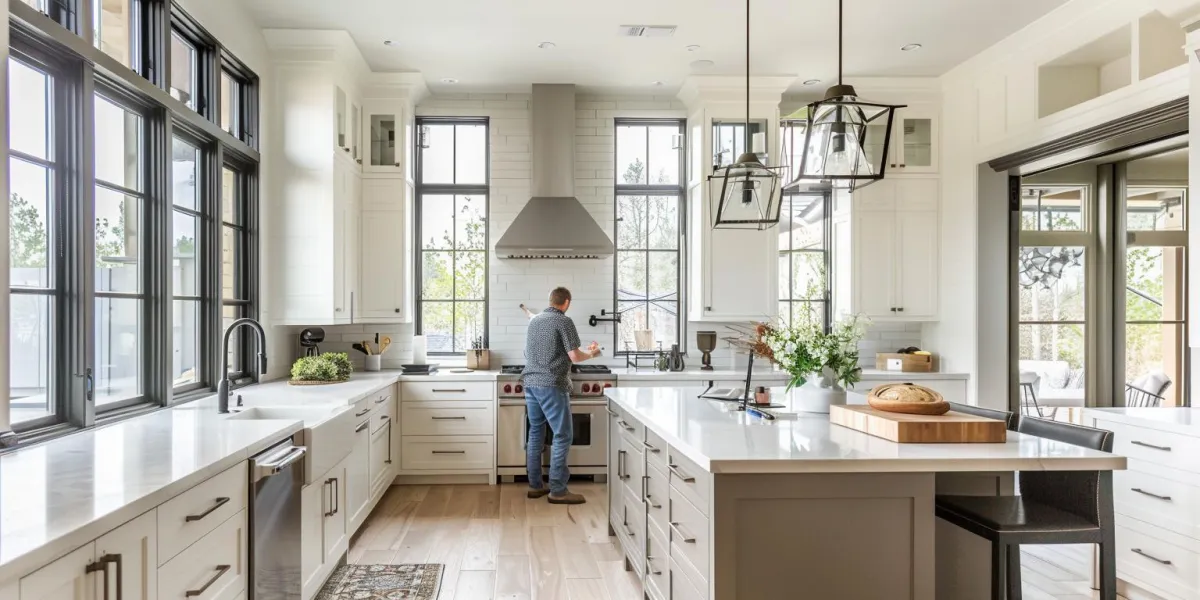 Polished grey marble countertop set against classic white subway tiles in a modern kitchen.