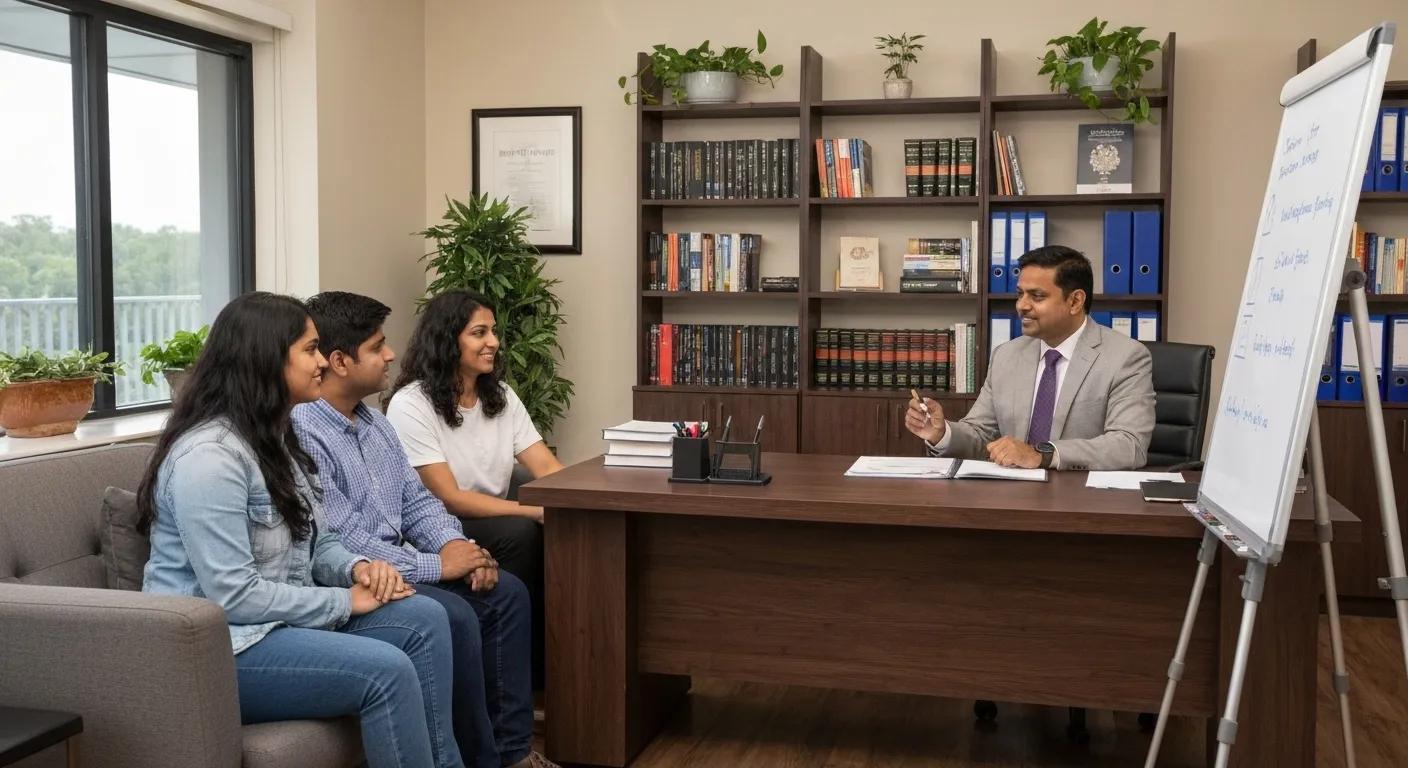 Family consulting with an immigration lawyer in a welcoming office environment