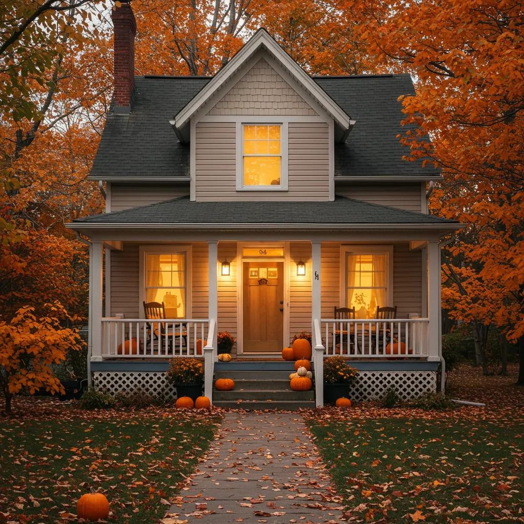 Charming house in autumn with colorful foliage and pumpkins, representing the best time to buy a home in October