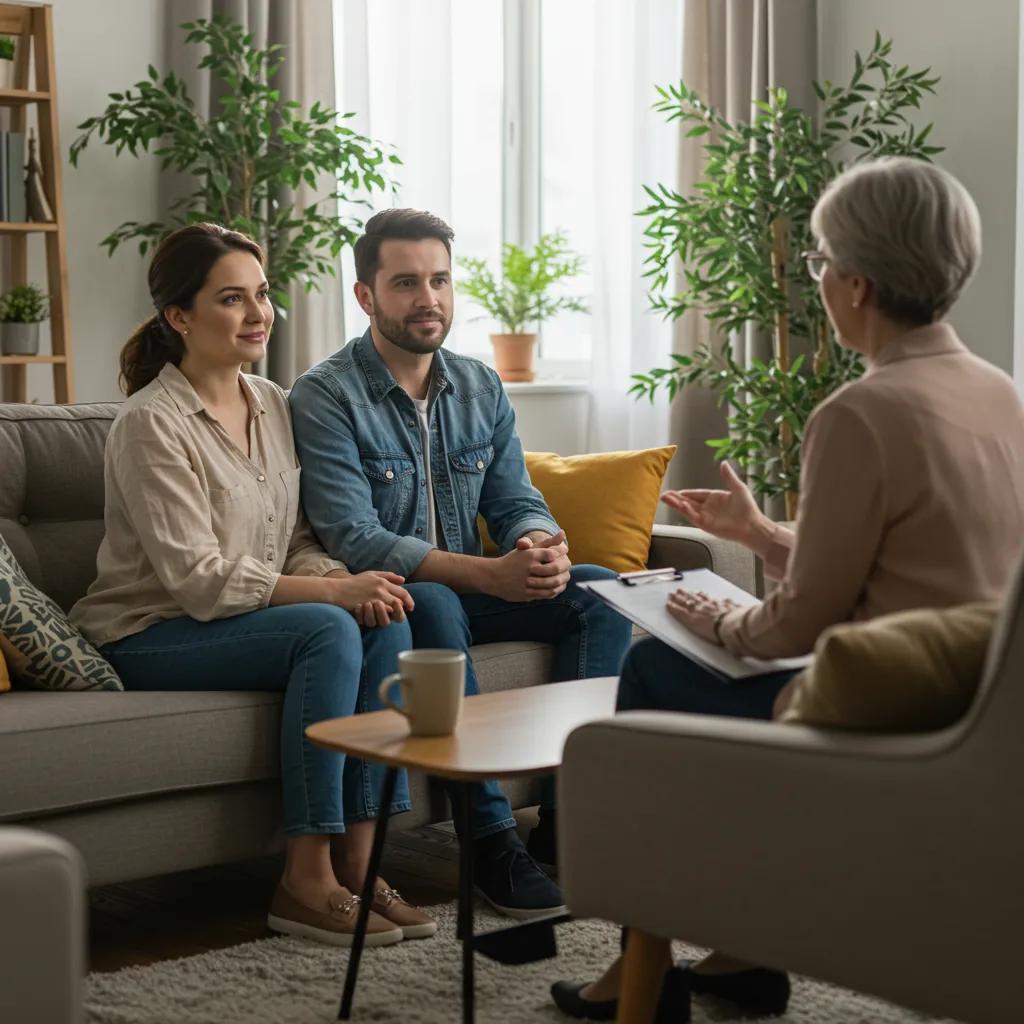 Couple engaged in relationship counseling session with therapist in a cozy living room