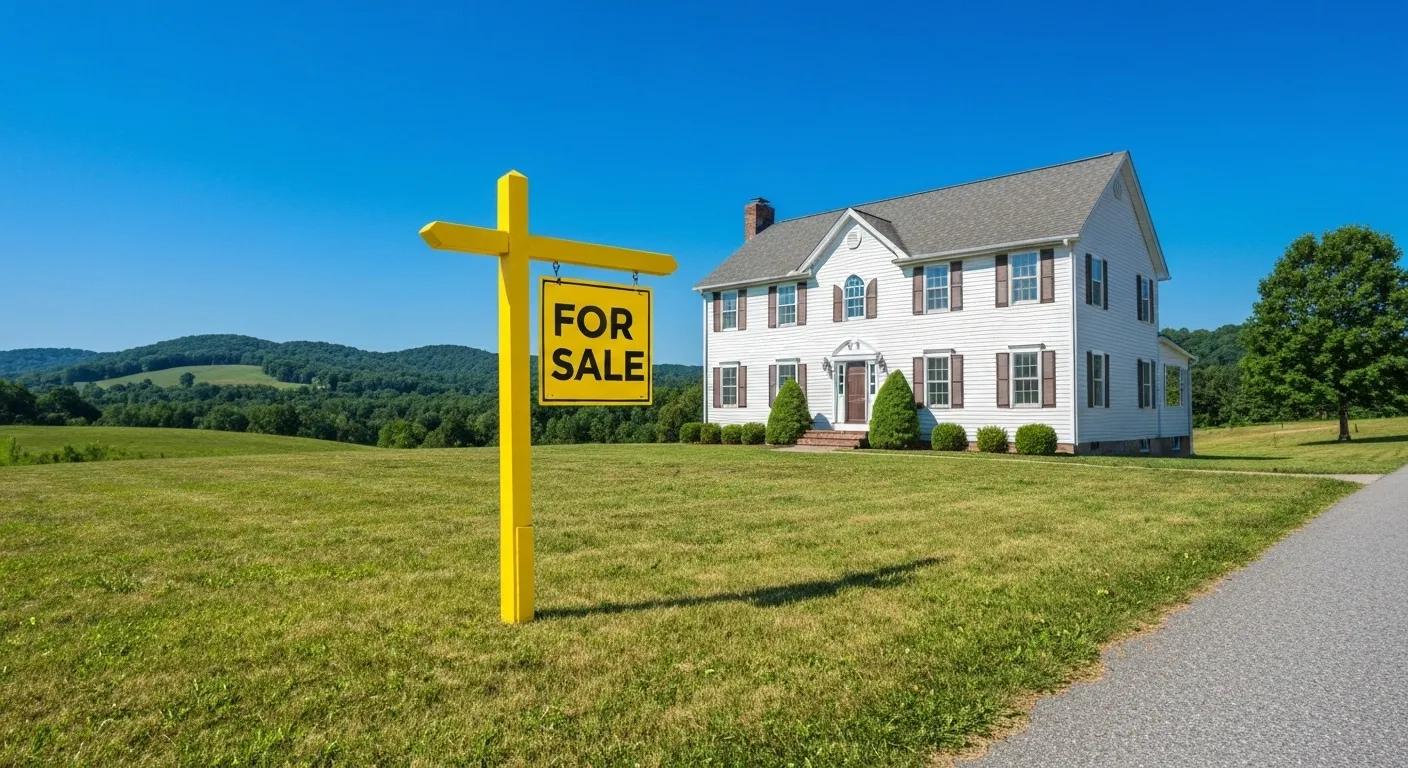 A house with a 'For Sale' sign in a picturesque landscape, representing land transfer and property ownership