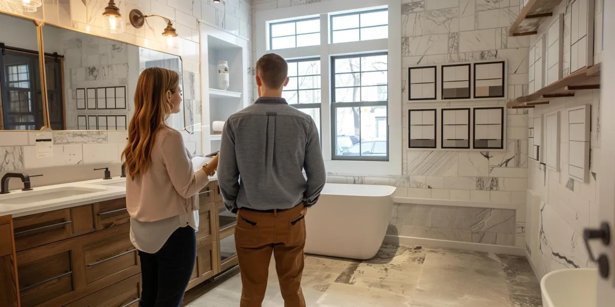 couple viewing a modern renovated bathroom 