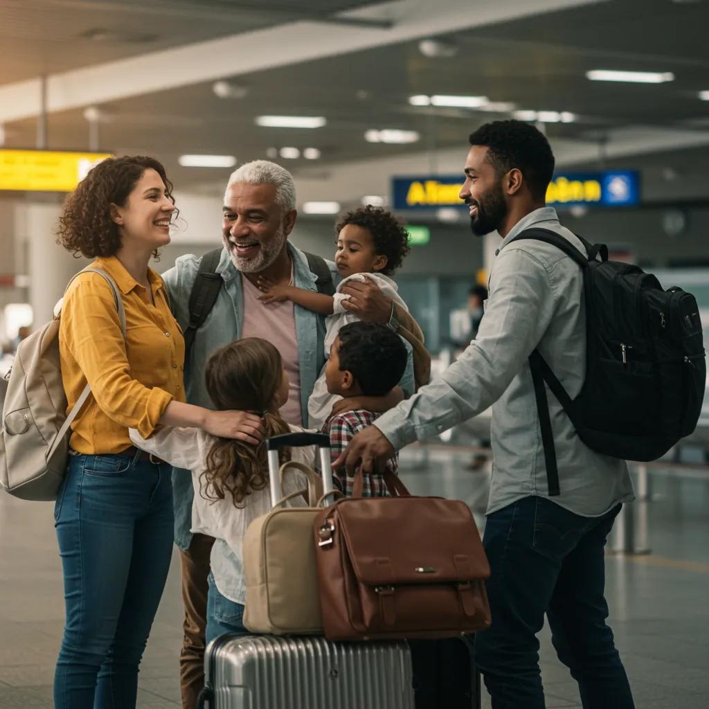 Diverse family joyfully reuniting at an airport, representing family immigration services