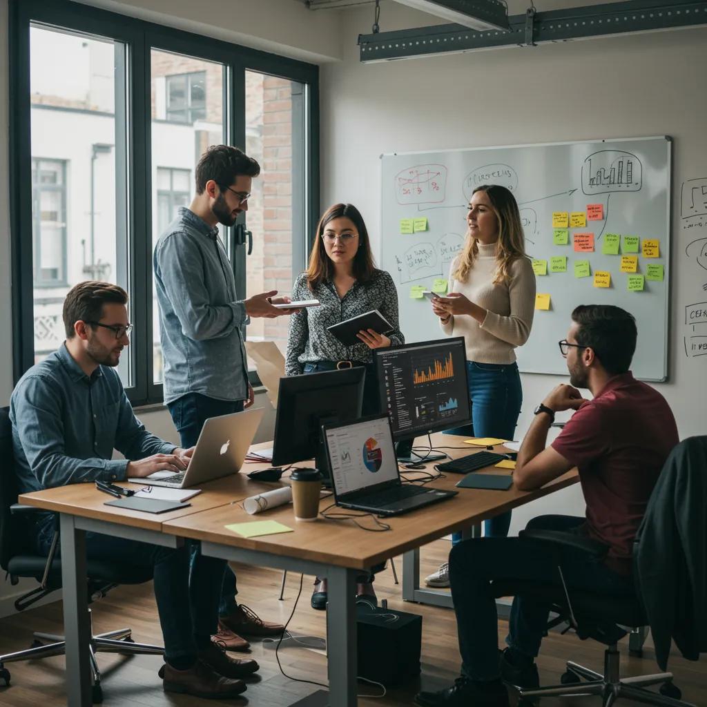 Diverse professionals collaborating in a modern office on B2B marketing automation tools