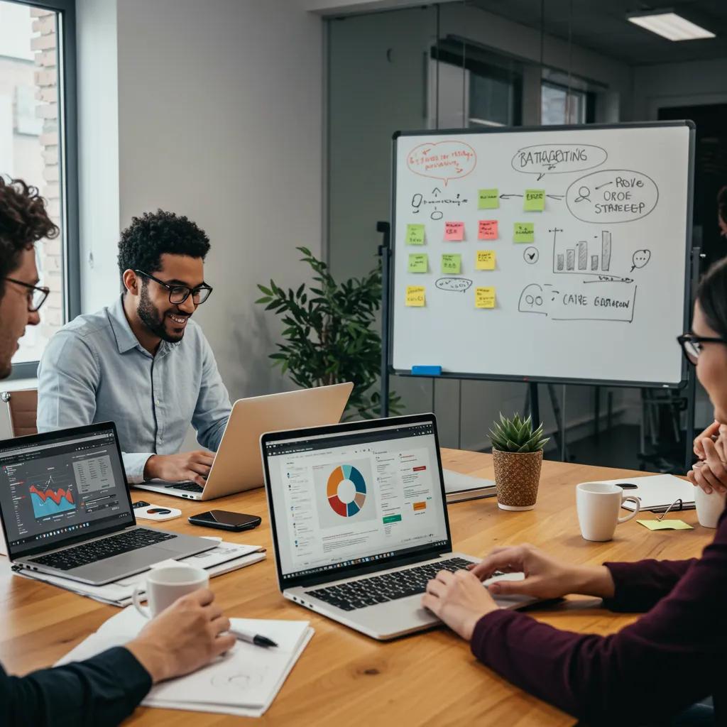 Diverse professionals collaborating on B2B outreach strategies in a modern office setting