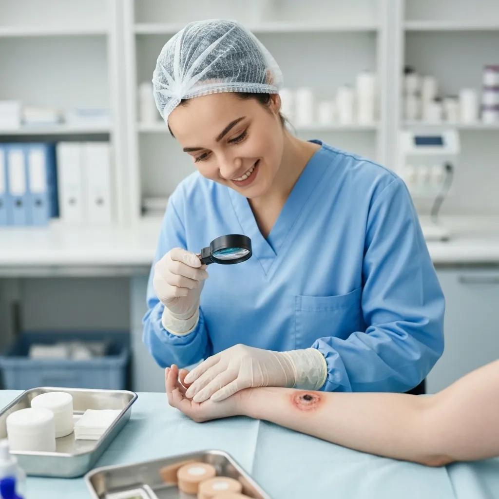 A healthcare professional carefully examining a wound, emphasizing the importance of wound care and infection management