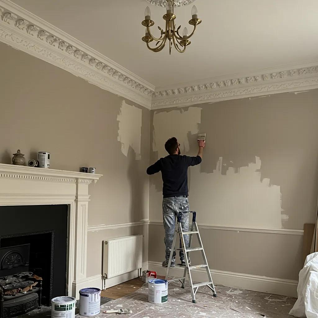 Local artisan painter working on a Victorian-style wall in a Fulham home, showcasing craftsmanship and attention to detail