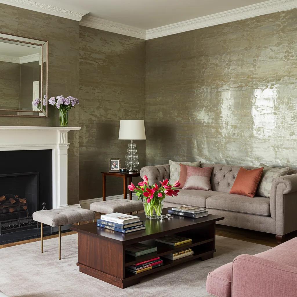 Elegant living room featuring exquisite silk wallpaper, showcasing premium wall coverings in a sophisticated Fulham residence