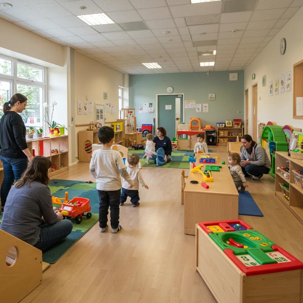 Parent and child exploring a vibrant daycare environment with engaging play areas and friendly staff