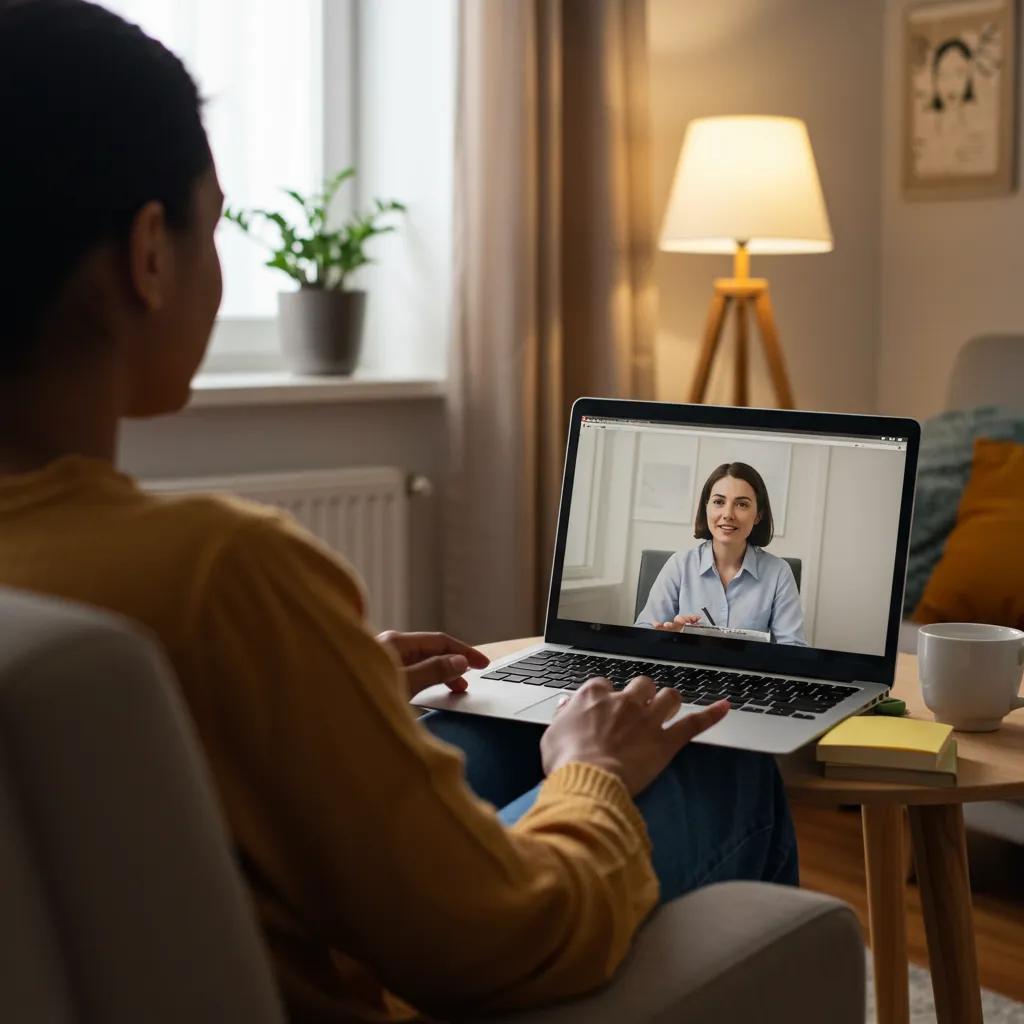 Person engaging in an online therapy session at home, highlighting convenient mental health support