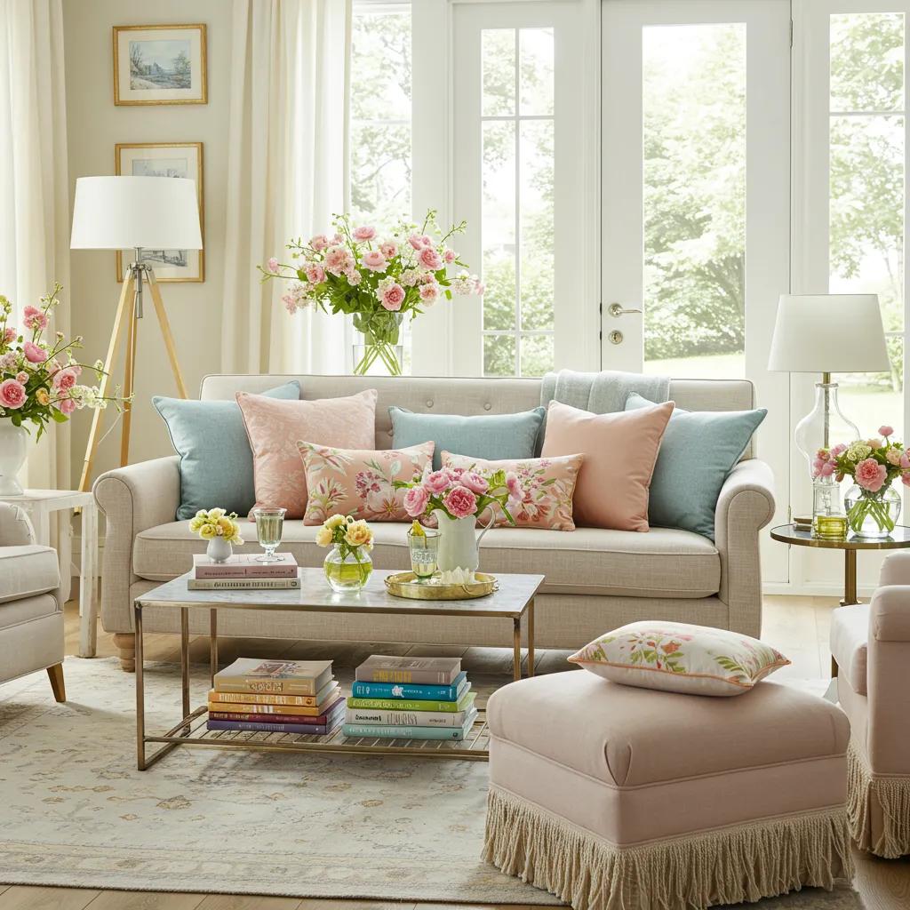Stylish living room with seasonal decor showcasing spring and summer color palettes