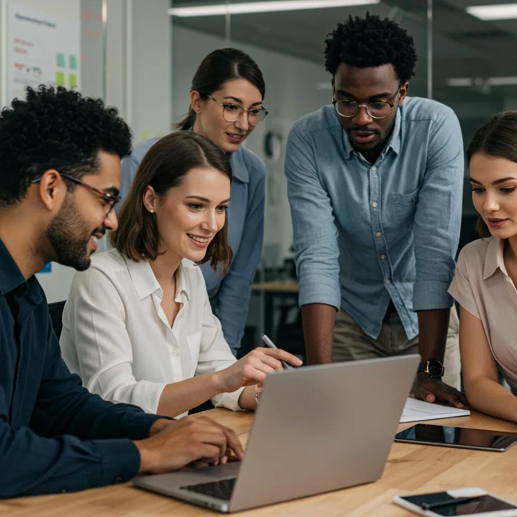 Team of professionals collaborating on agency software in a modern office