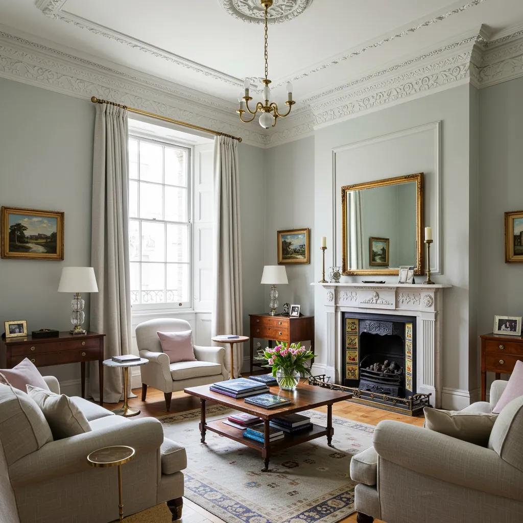 Victorian living room with traditional Fulham decor showcasing ornate plasterwork and tall sash windows