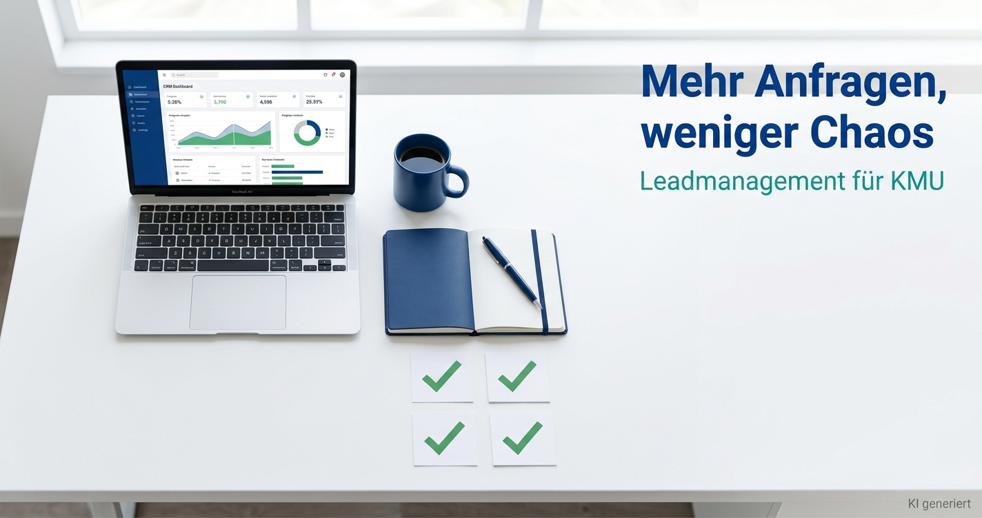 Aufgeräumter Schreibtisch mit CRM-Dashboard auf dem Laptop — Mehr Anfragen, weniger Chaos, Leadmanagement für KMU