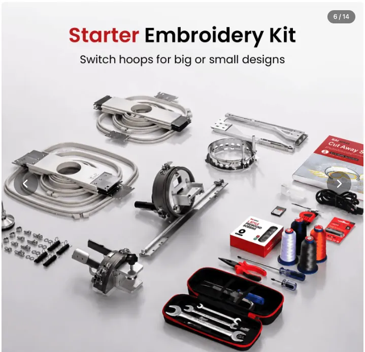 BAI Mirror 15-Needle Starter Embroidery Kit with threads, frames, and commercial accessories