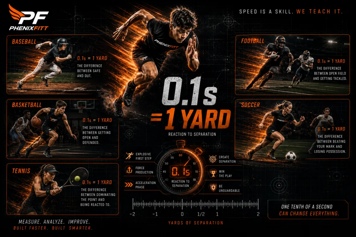 A cinematic PhenixFitt speed training thumbnail showing a young athlete sprinting from the start with orange acceleration trails and blueprint-style overlays, representing how a 0.1-second improvement can create one yard of separation.