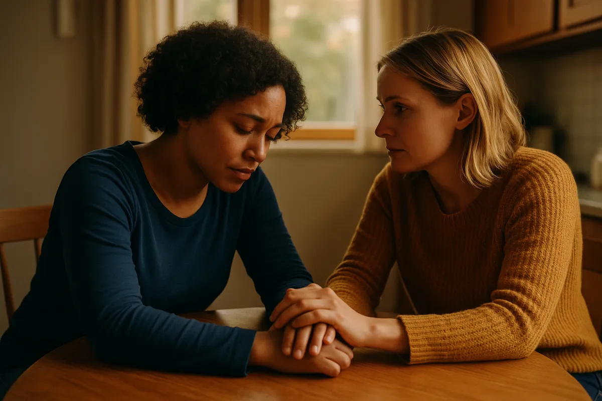Two people sitting together at a kitchen table sharing a compassionate moment, representing support for a loved one struggling with alcohol