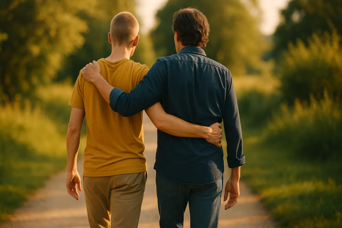 Two people walking side by side outdoors in a supportive and hopeful scene