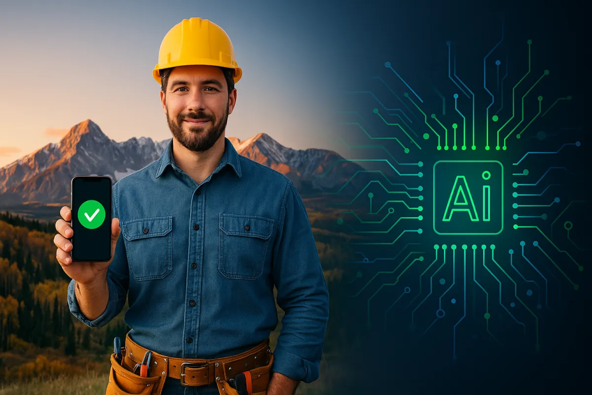 Colorado contractor using AI automation on smartphone with Rocky Mountain backdrop