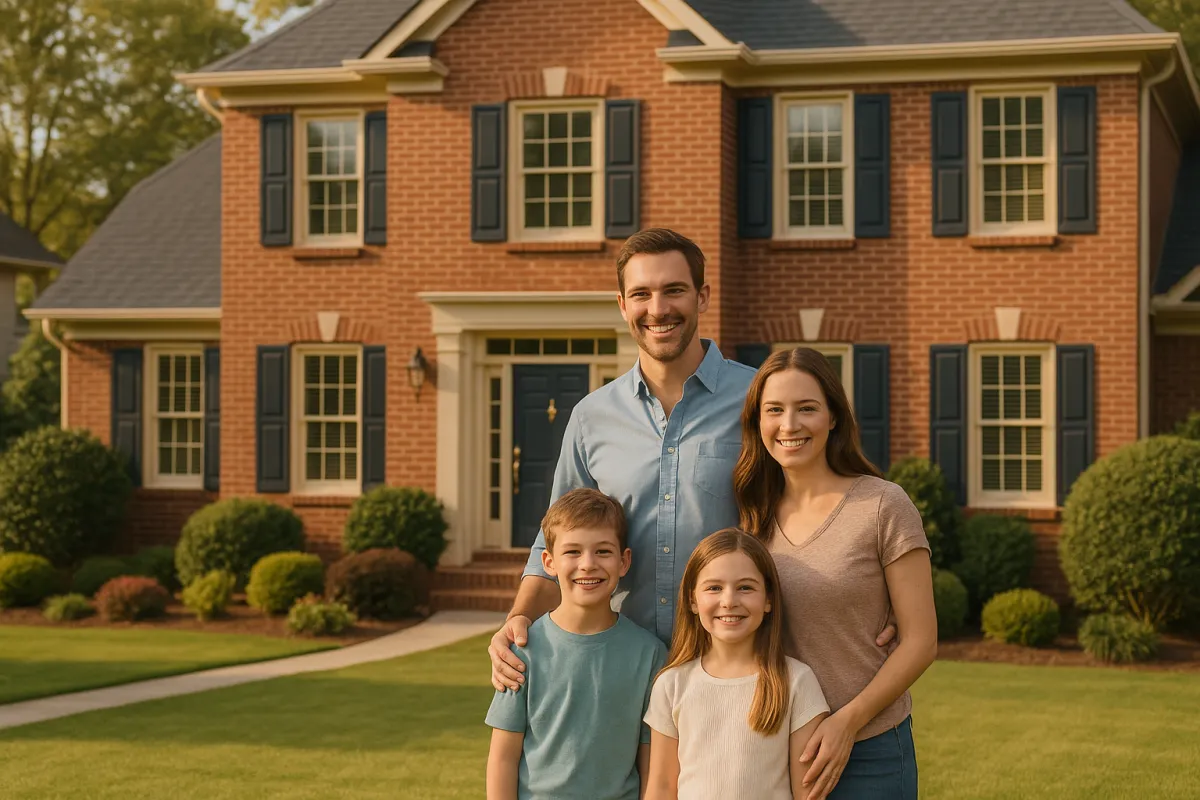 Family in front of Suwanee GA home near top-rated schools - Eileen Hill Homes