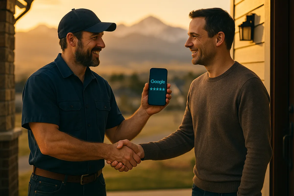 Colorado contractor shaking hands with happy homeowner while smartphone shows 5-star Google review notification