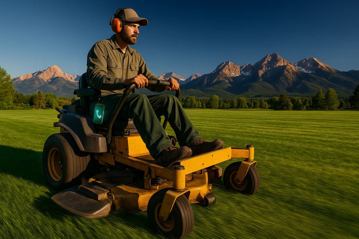 Professional landscaper operating a commercial zero-turn mower on a Colorado lawn with missed call notification on belt phone