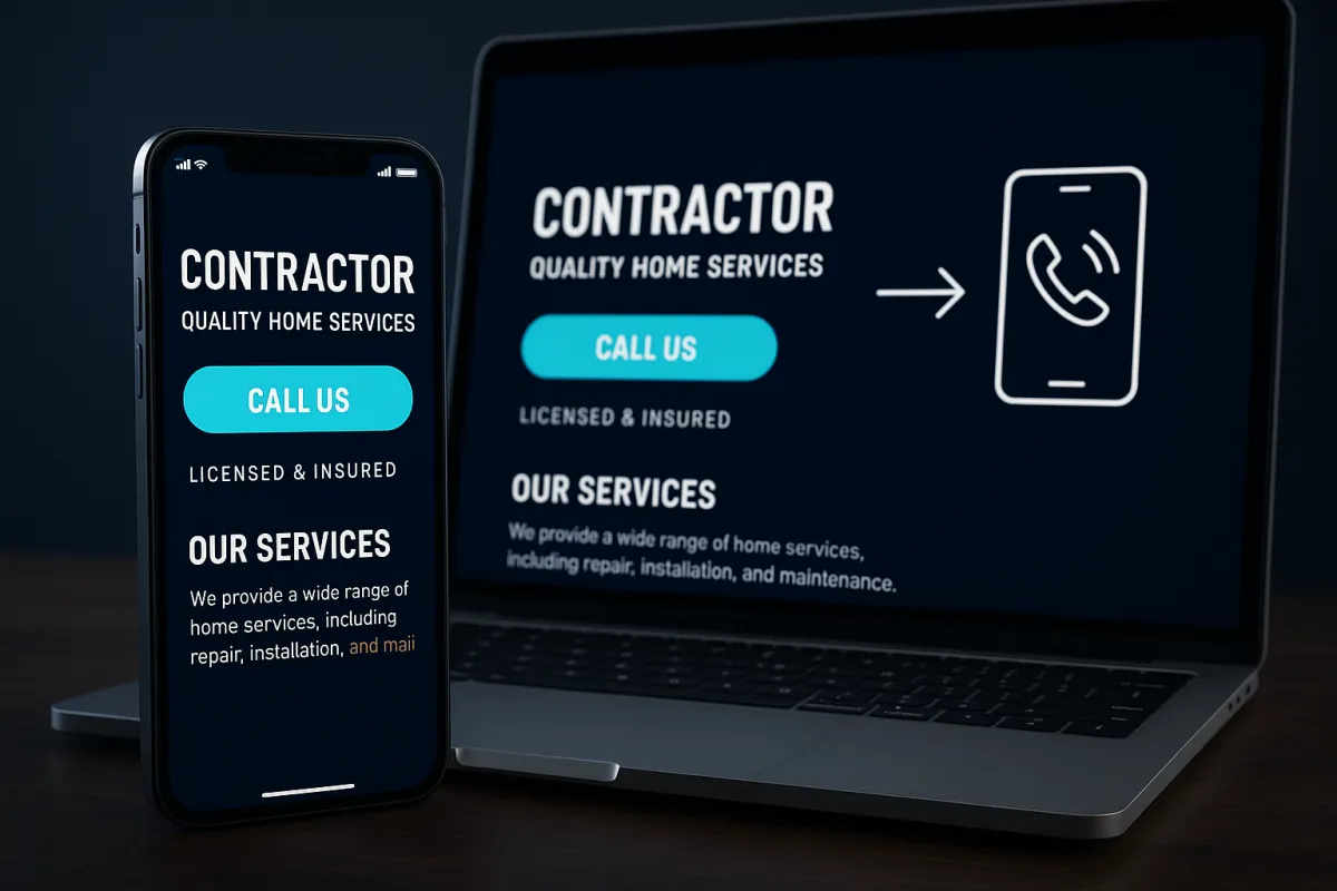 Contractor website displayed on smartphone and laptop showing click-to-call button and conversion optimization elements