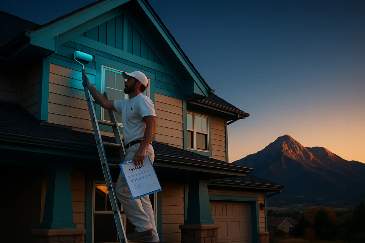 Professional painting contractor on a ladder doing exterior house painting in Colorado with estimate paperwork visible below