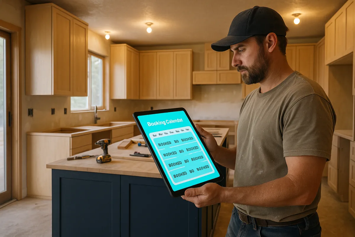 Colorado home kitchen renovation in progress with contractor reviewing a fully booked project calendar on a tablet