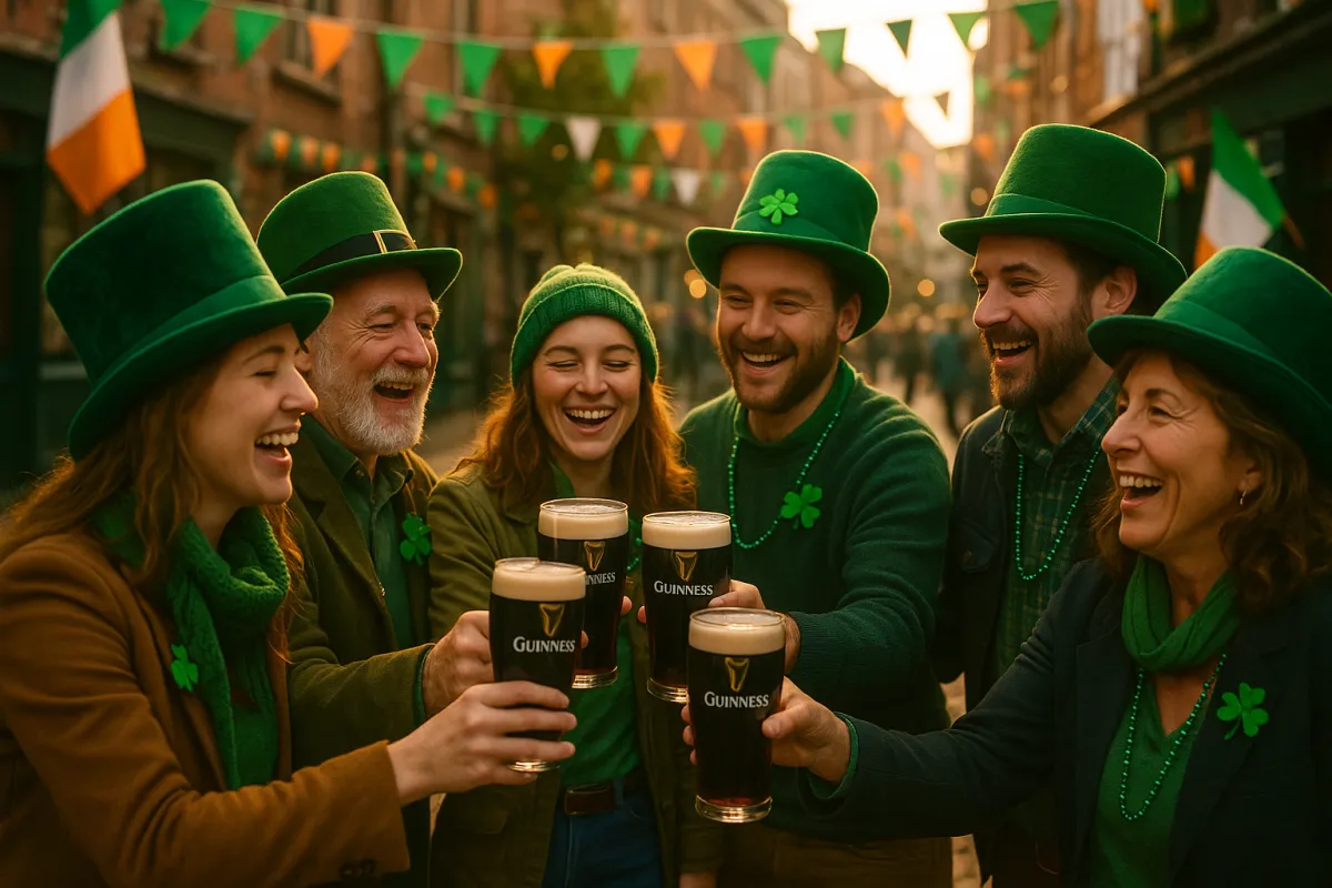 People celebrating St Patrick's Day in Dublin raising pints of Guinness with Irish flags and green decorations