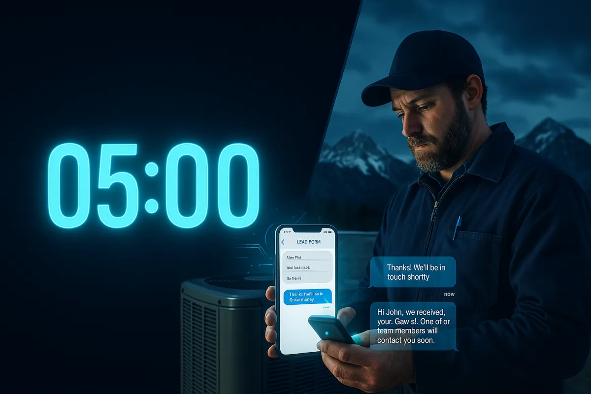 5-minute countdown timer with Colorado contractor receiving instant lead notification on smartphone