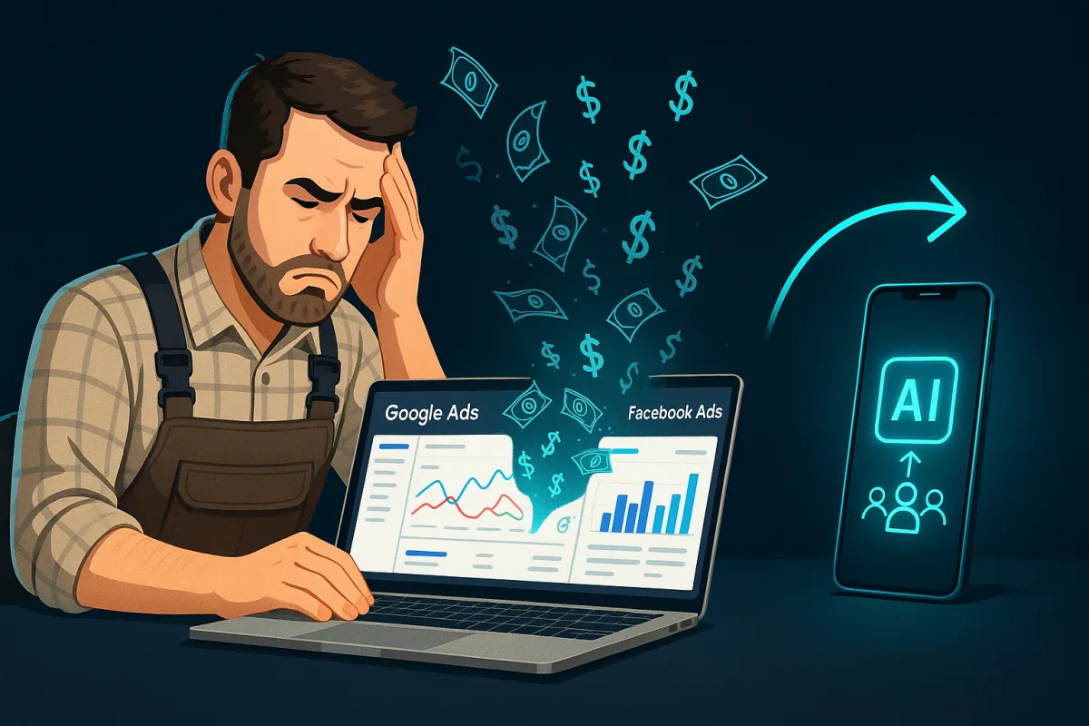 Colorado contractor reviewing wasted ad spend on laptop with AI automation solution glowing in cyan