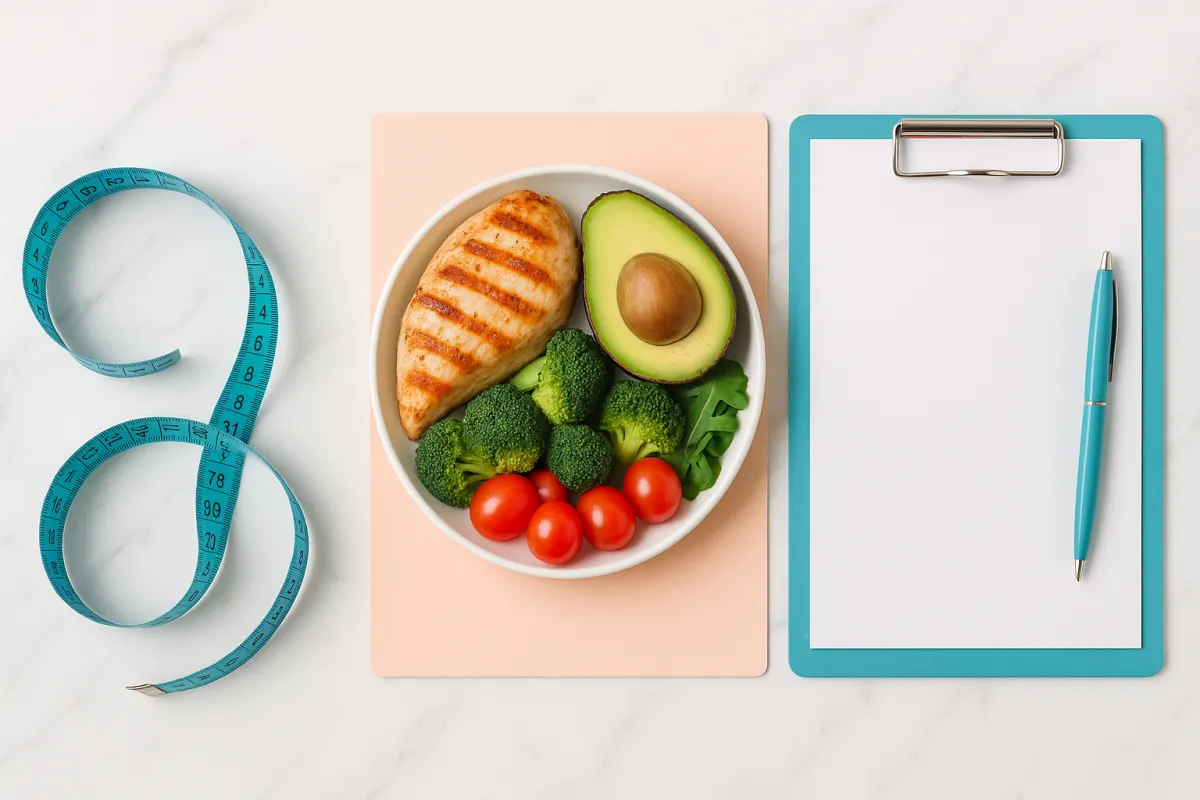 Medical weight loss success with measuring tape and healthy food at Premier Solutions Lakeland FL