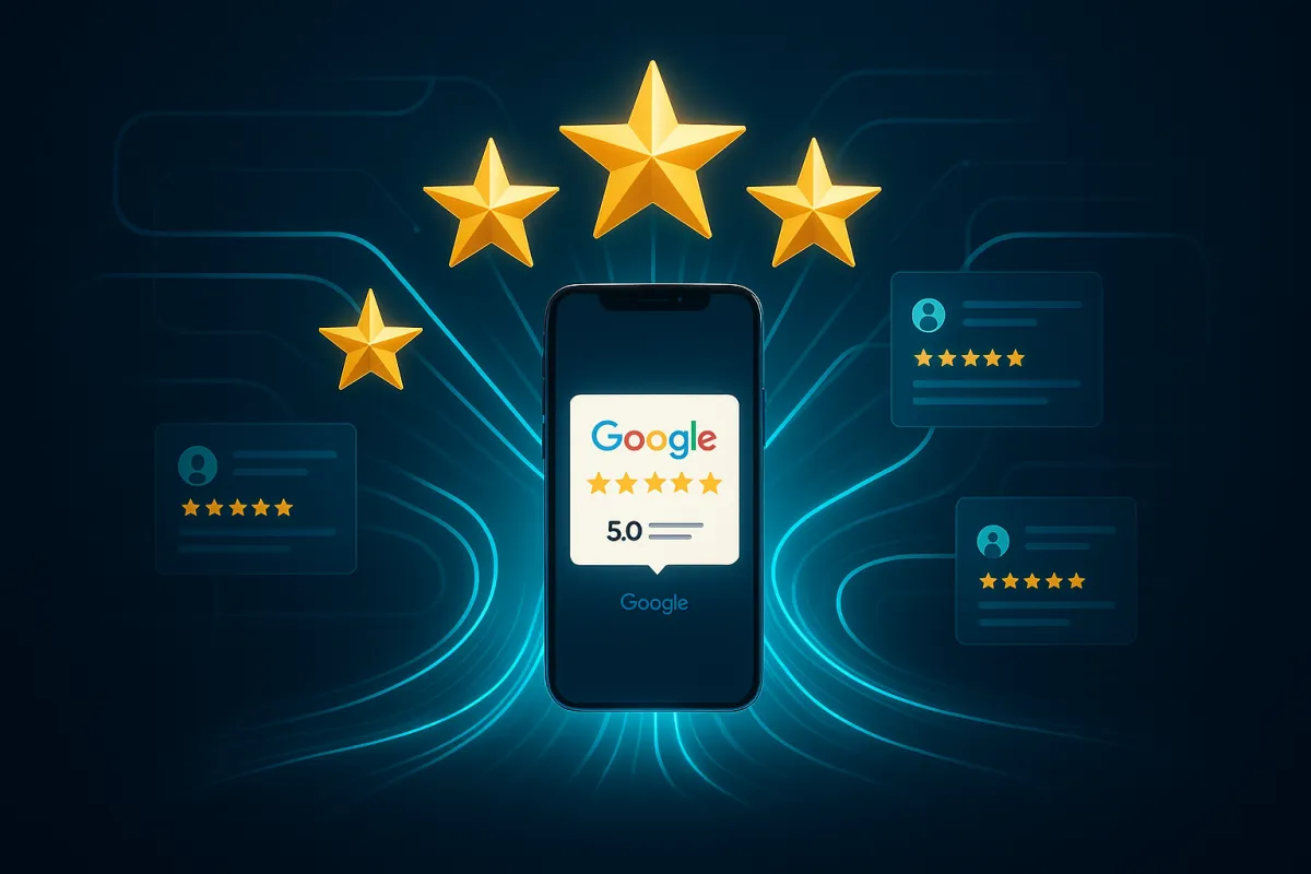 Smartphone showing 5-star Google review notifications with automation flow