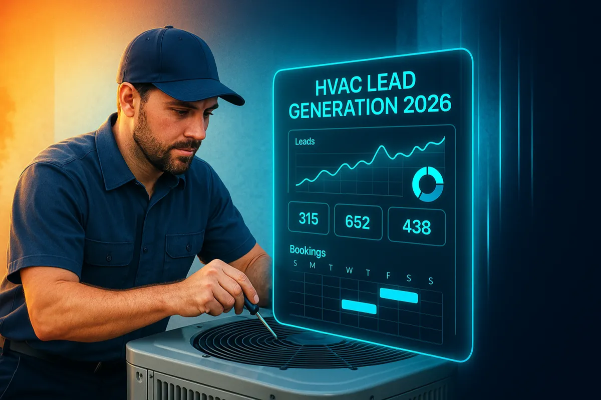 HVAC technician with holographic AI lead dashboard and seasonal booking calendar