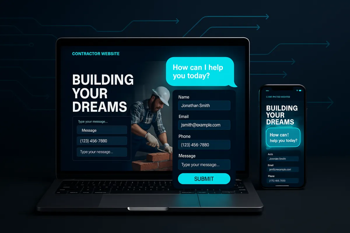 Contractor website on laptop with AI chat bubble and automated lead capture flow