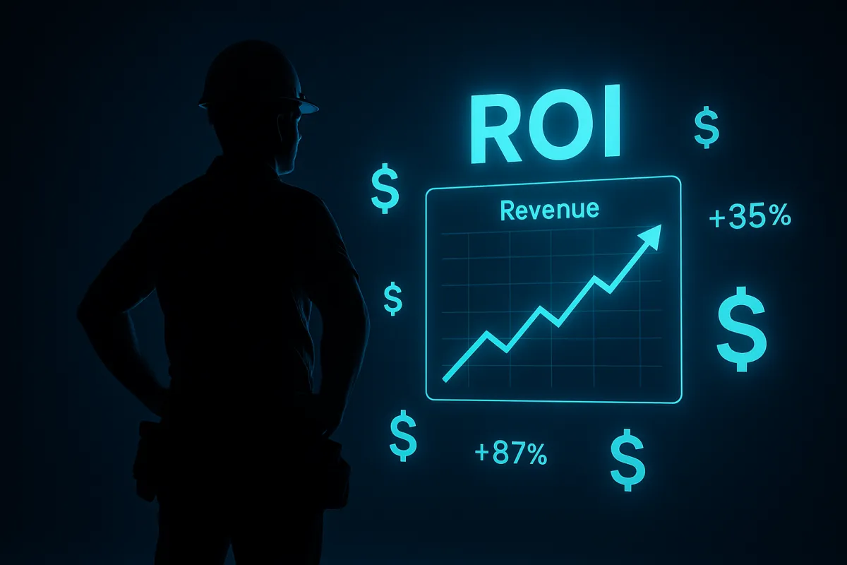 ROI dashboard with upward revenue chart and contractor silhouette against dark navy background