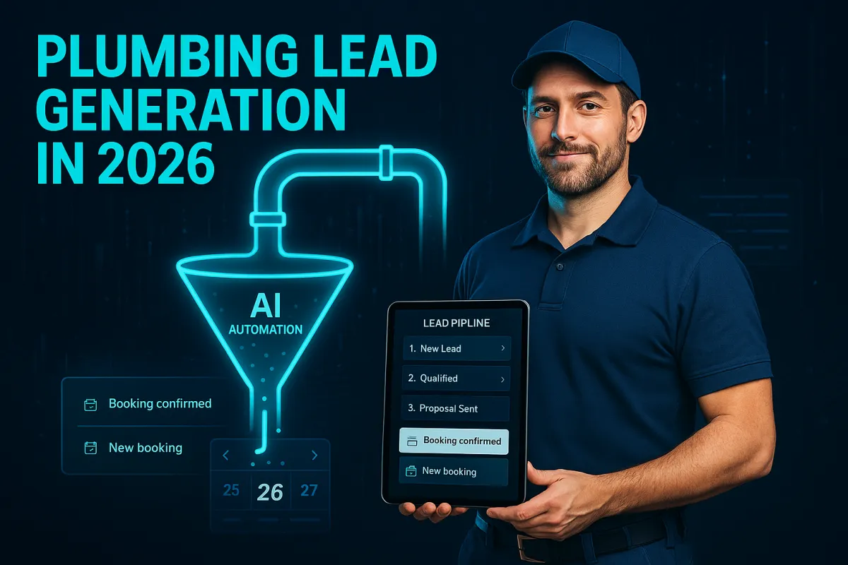 Plumber with tablet showing lead pipeline dashboard and cyan automation data streams