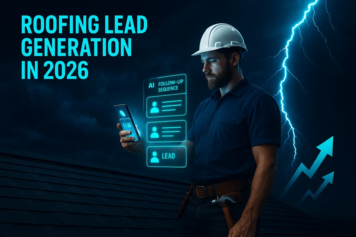 Roofing contractor on roof with phone showing lead notifications and AI follow-up hologram