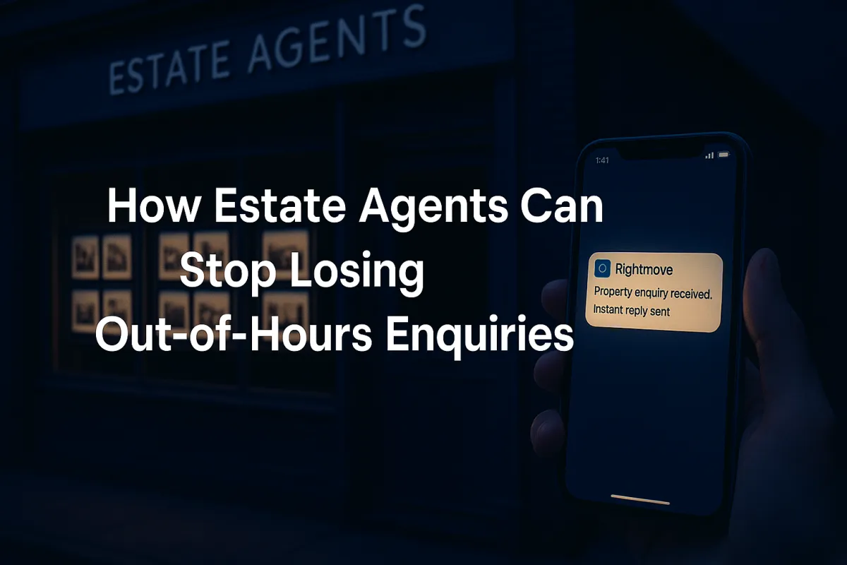 UK estate agency closed at dusk with smartphone showing automated out-of-hours enquiry response