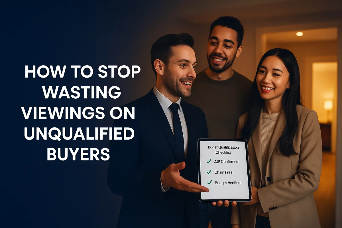 UK estate agent conducting a property viewing with buyer qualification checklist on tablet