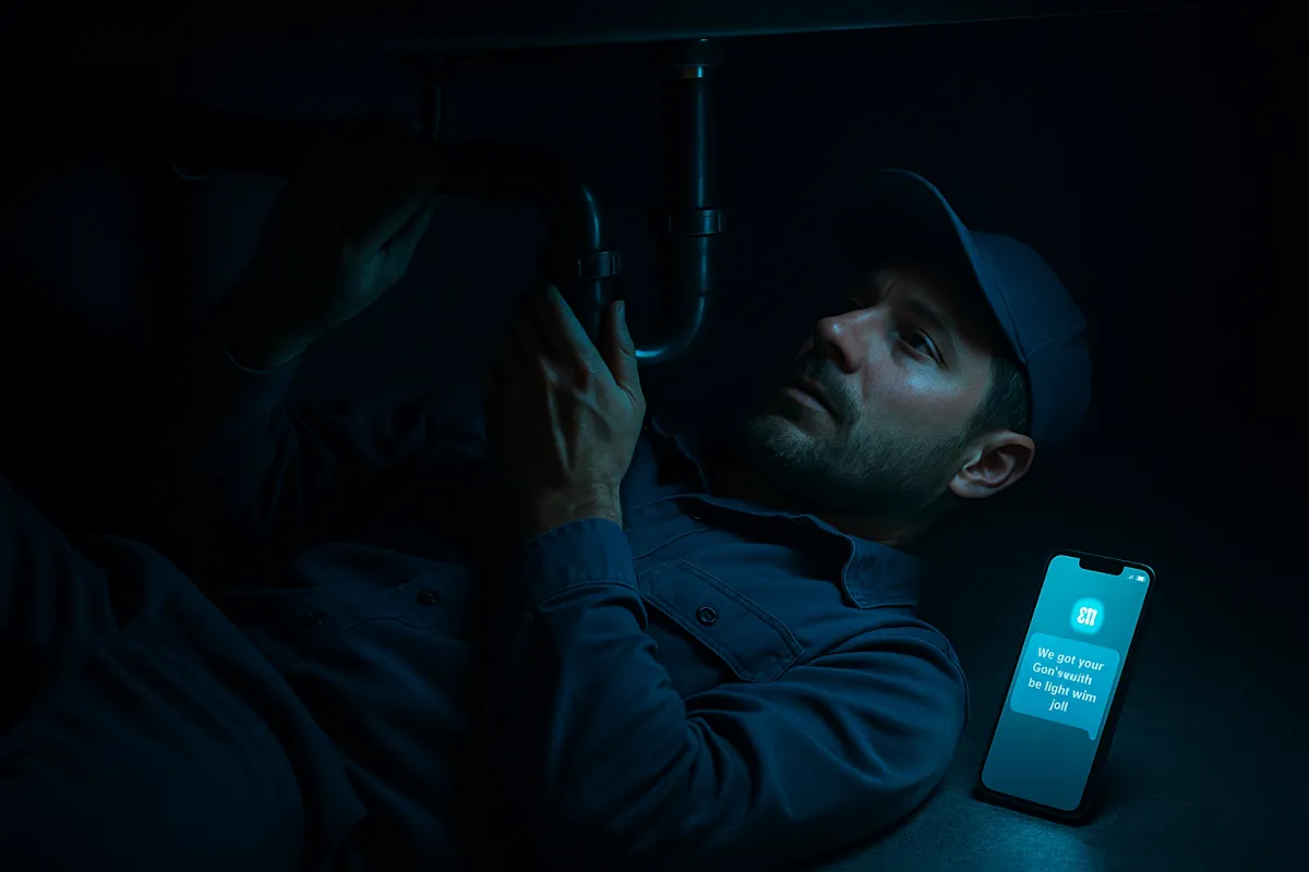 Colorado plumber working under a sink with AI missed call text back notification appearing on a smartphone nearby