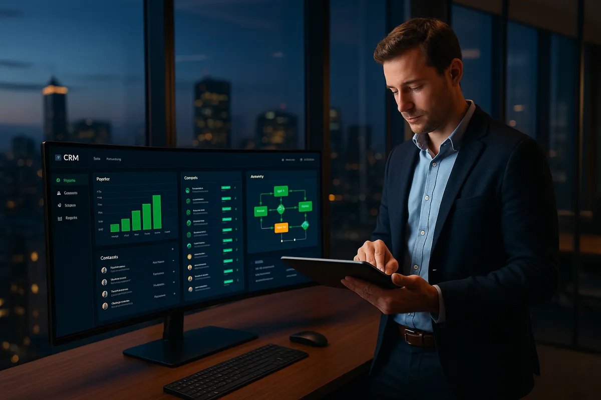 Bestes CRM für Unternehmen 2026 – GoHighLevel Dashboard auf modernem Unternehmens-Monitor