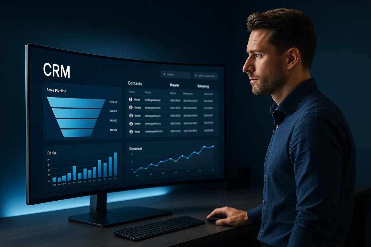 Bestes CRM für Vertriebsunternehmen 2026 – Vertriebsprofi mit GoHighLevel CRM-Dashboard