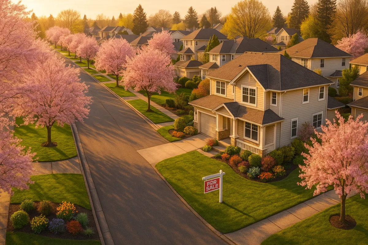 Beautiful spring neighborhood with For Sale sign — best week to list your home 2026