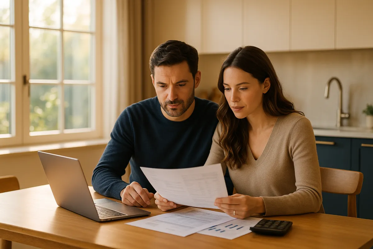 Couple reviewing home finances at kitchen table - Thomas Roberts Group