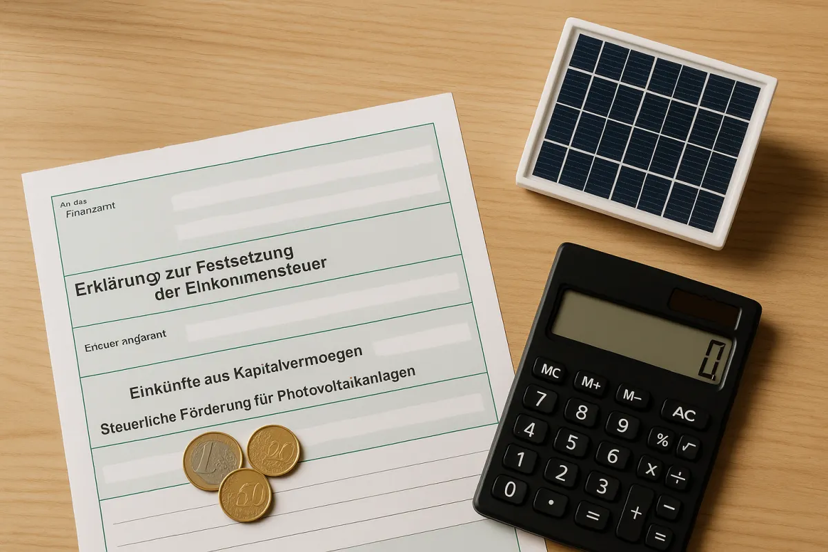 Steuerformulare und Taschenrechner neben Solarmodul-Modell