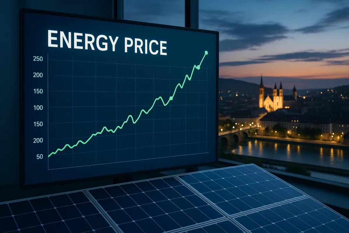 Energiepreisdiagramm mit Solaranlage im Hintergrund Würzburg
