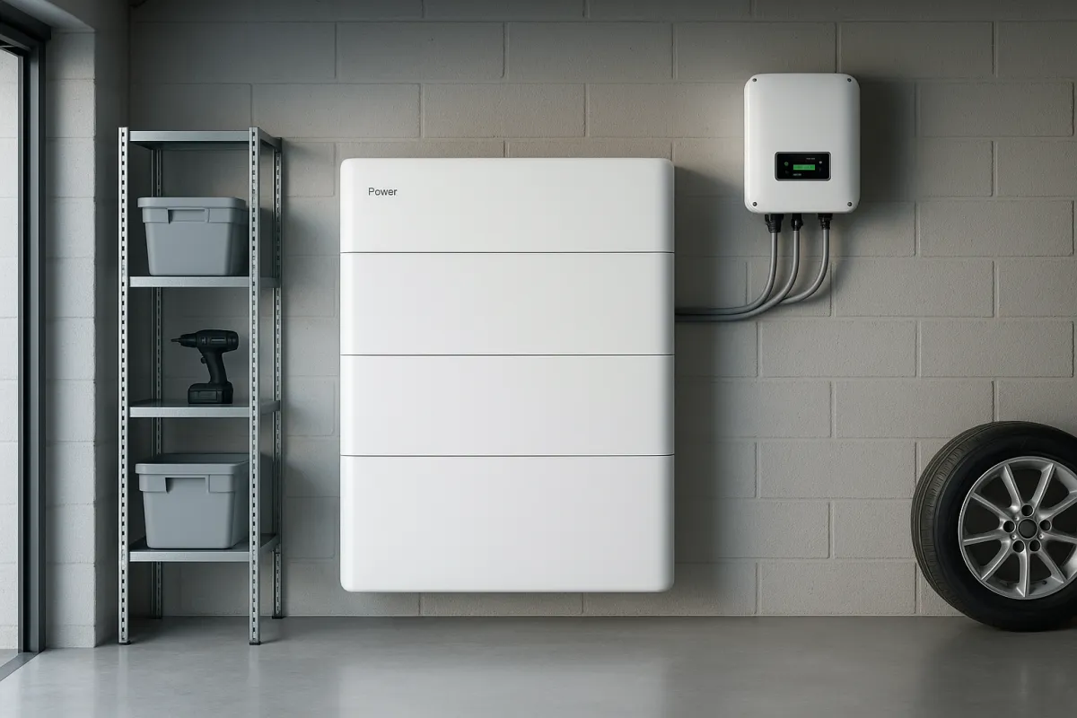 Moderner Heimspeicher an Garagenwand eines deutschen Hauses